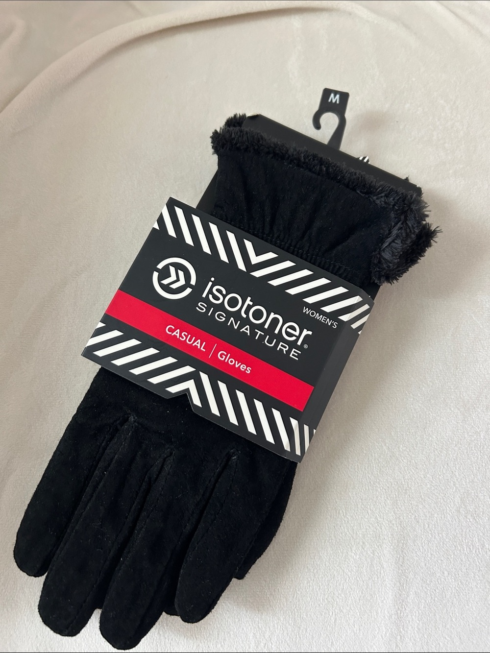 isotoner Black Women's Casual Faux-Suede Gloves with Faux-Fur Cuff